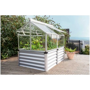Vitavia Gaia Jumbo serre surélevée en métal avec toit en verre et cadre en aluminium, plantée.