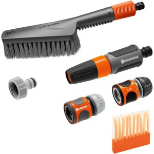 Gardena Cleansystem Soft S : Kit de base avec brosse, lance, raccords, stop eau, bâtonnets de savon.