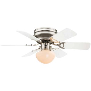Ventilateur de plafond Globo, finition nickel mat, avec douille E27 et pales de rotor blanches.
