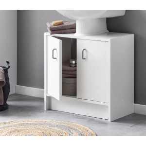 Meuble sous-vasque Badmobil blanc, largeur 54 cm, avec porte ouverte et espace de rangement.