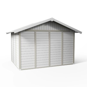 Weißes Kunststoff Gartenhaus Deco 7,5 m² mit Satteldach und horizontalen Wandpaneelen.