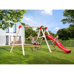 Altalena doppia Tabaluga con scivolo rosso e piattaforma in giardino con bambini che giocano.