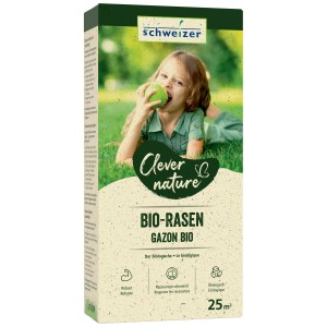 Verpackung Clever Nature Bio-Rasen 25m² mit Kind auf Rasen beim Apfelessen.