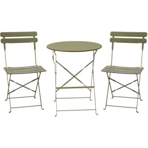 Set bistrò Milou 3 pz. verde scuro in ferro pieghevole con tavolo rotondo e due sedie per balcone.