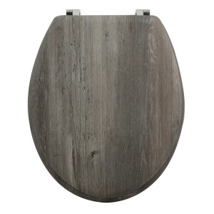 Sedile WC MSV Blue Ridge, sedile in MDF marrone con venature del legno e cerniere in acciaio inox.