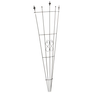 Spalliera nera a ventaglio con arco e decoro a cuore, 150x46x12 cm, ideale come supporto per piante rampicanti.