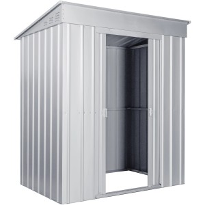 Abri de jardin en métal Globel Skillion 64, argent métallisé, avec porte ouverte.