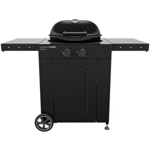 Outdoorchef Arosa 570 G Evo Gasgrill, schwarzer Kugelgrill mit Seitenablagen und Thermometer.
