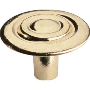 Pomello per mobili in ottone dorato lucido con cerchi concentrici.