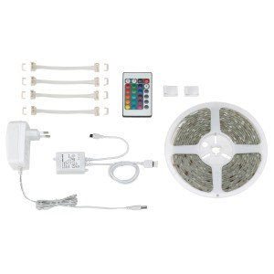 Striscia LED RGB autoadesiva (5m) con telecomando, trasformatore, connettori e accessori.