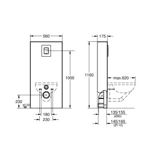 Disegno tecnico Grohe Solido Monobloc modulo WC a parete con dimensioni.