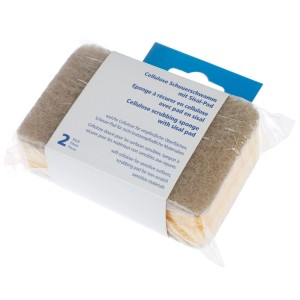 Confezione da 2 spugne abrasive in cellulosa gialla con tampone in sisal per cucina e casa.