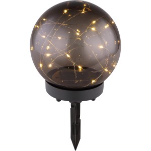 Globo sfera solare Ø 15cm con 20 LED. Aspetto vetro fumé, luce bianca calda, per uso esterno.