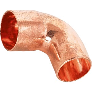 Raccordo a gomito in rame Ø 22 mm, curva a 90 gradi per installazione tubi in rame.