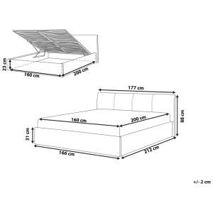 Skizze: Beiges Beliani Bett Orbey (160x200 cm) mit Stauraum und Maßangaben.