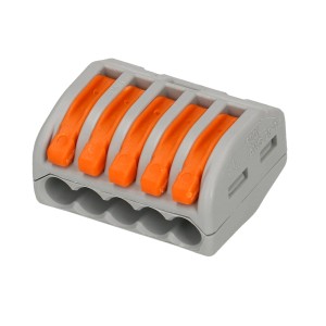 Morsetto Wago grigio, 5 poli, con leve arancioni per cavi fino a 2,5 mm².