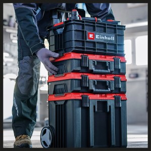 Boîtes à outils Einhell E-Case empilées : Système modulaire pour ranger et transporter les outils.