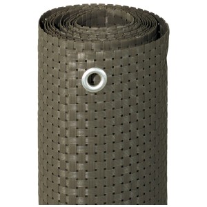 Brise-vue balcon en plastique imitation rotin gris titane, enroulé avec œillet.