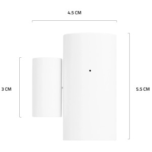 Weißer Hombli Bluetooth Kontaktsensor für Hausautomation, Nahansicht mit Größenangaben.