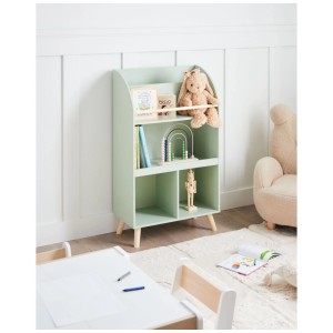 Étagère pour enfants Beliani Liloet vert clair en MDF avec pieds en pin, 3 niveaux, dans une chambre d'enfant.