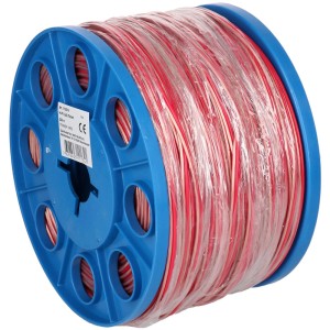 Câble de haut-parleur transparent 2x0,75 mm² au mètre sur bobine bleue.