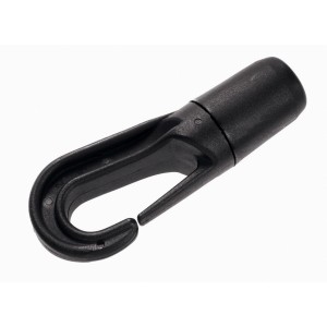 Due ganci Patenhaken neri in plastica per funi elastiche fino a 8 mm.
