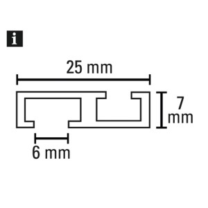 Sezione trasversale del binario per tende Gardinia in alluminio bianco (1 via): 25x7mm, canale binario 6mm.
