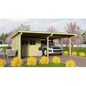 Karibu Doppelcarport Eco mit Auto und Geräteschuppen im Garten.