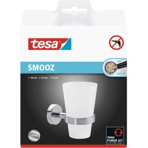Tesa Smooz Zahnputzbecher-Set, verchromter Halter mit Glasbecher zur Wandmontage ohne Bohren.