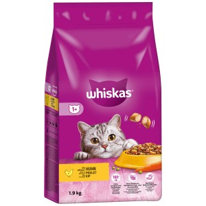 Whiskas 1+ alimento secco per gatti al pollo, confezione da 1.9kg con gatto e cibo.