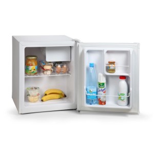 Frigorifero Domo bianco (41 l) con porta aperta, pieno di cibo.