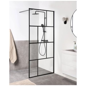 Paroi de douche Beliani Tapajos en verre transparent avec cadre noir à grille pour douche à l'italienne.