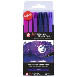 Sakura Koi Brushpen Set Galaxy, 6 Stifte in Lila- und Blautönen. Ideal für Aquarell-Effekte.