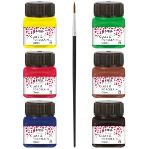 Kreul Glas- und Porzellanfarben Set mit 6 Farben (Gelb, Rot, Blau, Grün, Braun, Schwarz) und Pinsel.