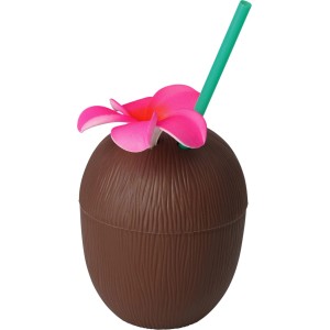 Gobelet en forme de noix de coco avec paille et fleur rose, 650ml, en polyéthylène.
