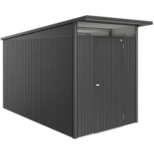 Casetta da giardino Biohort AvantGarde Eco Gr. A4 in grigio scuro metallizzato con tetto a una falda e porta.