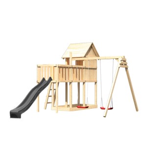 Karibu Spielhaus Frieda mit Rutsche, Schaukel und Plattform aus Holz, natur und anthrazit.