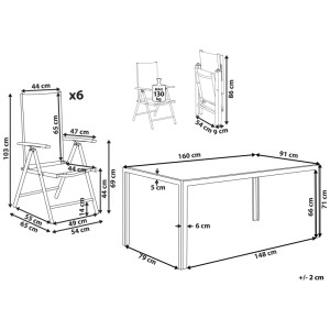 Dessin technique : Ensemble de meubles de jardin Beliani Catania beige, 7 pièces, avec les dimensions de la table et des chaises.