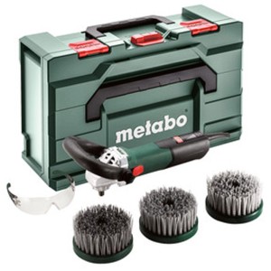 Metabo Winkelpolierer-Set PE 15-25 mit 1500W, grüner Metabox, Schutzbrille und drei Bürsten für Autopflege.