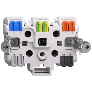 Insert de prise Feller EdizioDue Type15, vue détaillée des connexions avec bornes colorées.