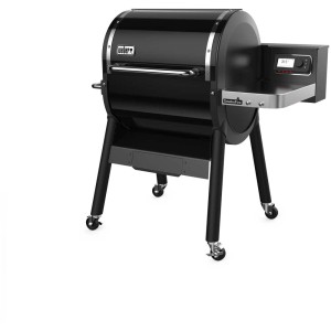 Barbecue à pellets Weber SmokeFire EX4 GBS noir avec contrôle digital et tablette latérale.