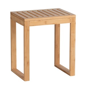 Tabouret de salle de bain WENKO Bambusa en bambou avec assise rectangulaire et pieds ouverts.