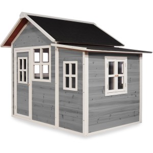 Maisonnette en bois grise EXIT Loft 150 avec toit noir et encadrements de fenêtres blancs.