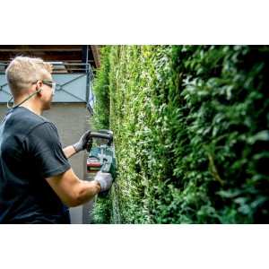 Mann schneidet Hecke mit Metabo Akku-Heckenschere HS 18 LTX BL 65. Leistungsstark und kabellos.