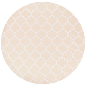 Runder Outdoor-Teppich Mosore aus Polypropylen, beige mit weissem marokkanischem Spalier-Muster.