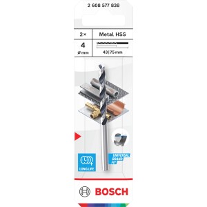 Set di punte elicoidali Bosch, 2 pezzi, HSS, per metallo, diametro 4 mm.