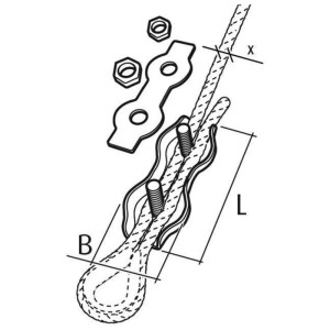 Zeichnung einer Duplex-Klemme Ø 4 mm mit Seil, Schrauben und Muttern. Edelstahl-Beschläge.