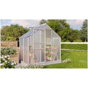 Vitavia Gewächshaus Comet 2500 in Silber mit geöffneter Schiebetür im Garten.