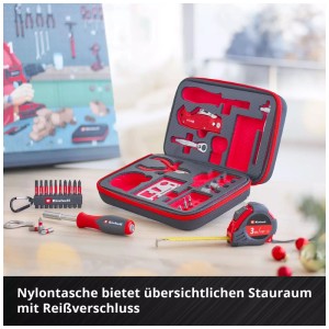 Calendrier de l'Avent Einhell 2025 : Set d'outils avec embouts, tournevis, pince et mètre ruban dans un sac à outils.