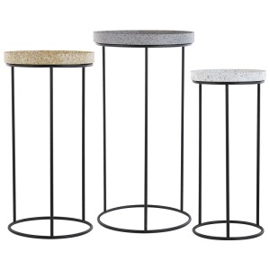 Set 3 tavolini Beliani Texon, altezza 69 cm, Ø 36 cm, tavoli in bianco, grigio e giallo con struttura in metallo nero.